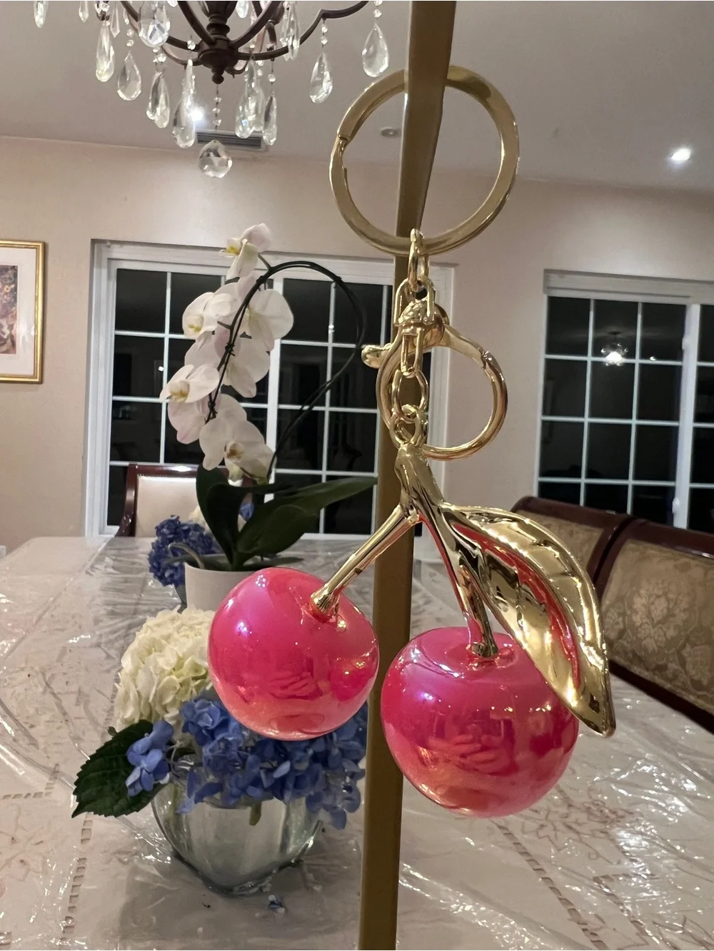 Iridescent Cherry Bag Charm Keychain | Pink Ombre Purse Charm Gold Tone